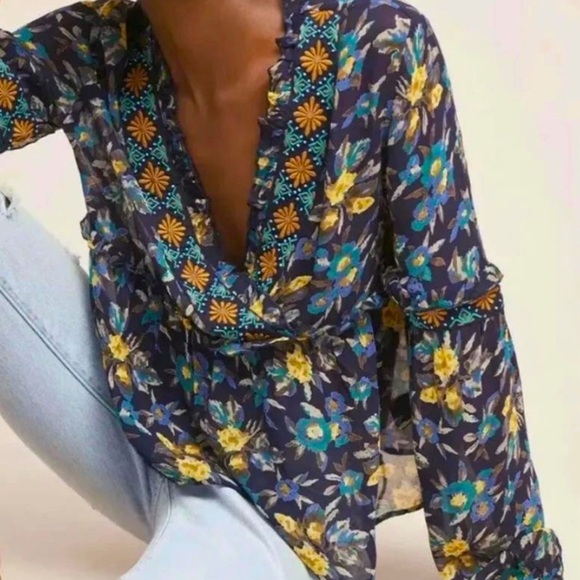 Anthropologie Tops - ☀️ ANTHROPOLOGIE Meadow Rue Floral Print Embellished Long Sleeve Blouse, Sz L